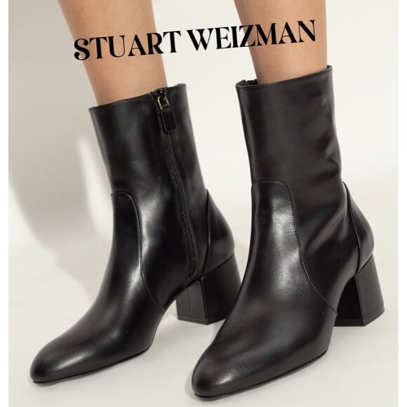 Stuart Weitzman Flareblock 60 Ankle Boots Heels Black Leather US 6 made Spain - Picture 2 of 13